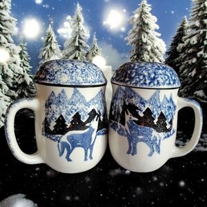 Vtg Folk Craft Wolf Blue Salt & Pepper Shakers by Tienshan.